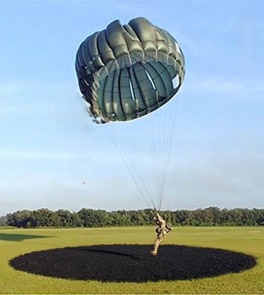 Circular paratrooper landing pad with Parafloor rubber granules, aerial view